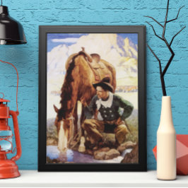 Póster Vintage Art, Cowboy Cuidando de Seu Cavalo pelo NC