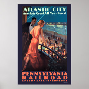 Poster Vintage Art Deco Atlantic City No Viagem Da Noite