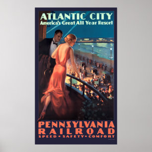 Poster Vintage Art Deco Atlantic City No Viagem Da Noite