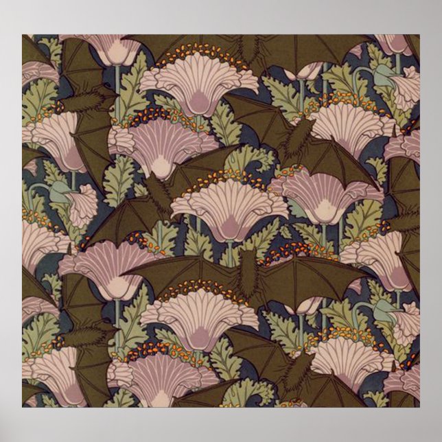 Póster Vintage Art Deco Bat and Flowers (Frente)