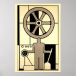 Póster Vintage Art Deco Business Wheel and Machine Worker<br><div class="desc">Vintage ilustration art deco industry design. Trabalhador de um fabricante de colarinho azul que segura uma alavanca industrial com uma roda grande sobre a cabeça que trabalha a máquina numa fábrica de fabrico.</div>