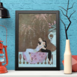 Poster Vintage Art Deco Fireworks Le Feu, George Barbier<br><div class="desc">Ilustração Vintage Imagem deco de arte de férias de 4 de julho com um homem e uma mulher beijando enquanto sentados em um cobertor floral que é enrolado sobre a banheira em uma sacada. O jovem casal recém-casado compartilha um beijo romântico enquanto os fogos de artifício explodem no belo céu...</div>