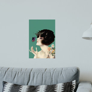 Póster Vintage Art Deco Lady Butterfly Bonito Flores