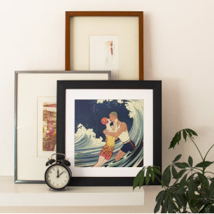 Póster Vintage Art Deco lança beijo nas ondas na praia