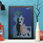 Póster Vintage Art Deco Newlyweds, Oui de George Barbier<br><div class="desc">Ilustração vintage, amor e arte romântica, imagem deco com um homem e uma mulher vestidos em baile formal, dançando à luz da lua; ela está em um elegante vestido de noiva que se assemelha a uma flor com pétalas e ele está em seu melhor smoking. O casal está parado em...</div>