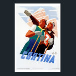 Poster Vintage art deco — viagem de esqui italiano<br><div class="desc">Retouchada,  restaurada e profundamente ampliada. Anúncio de arte deco de 1930 para a famosa estância de esqui italiana Cortina d'Ampezzo,  mostrando um casal nas montanhas. Cores típicas de deco pastel.</div>
