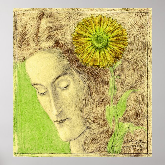 Poster Vintage Art Deco Woman com Chrysanthemum (Frente)