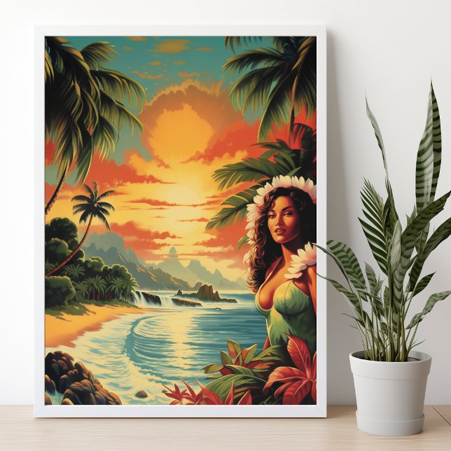 Poster Vintage Art Hawaii Beach Viagem (Vintage Art Hawaii Beach Hawaiian Girl Travel Poster)