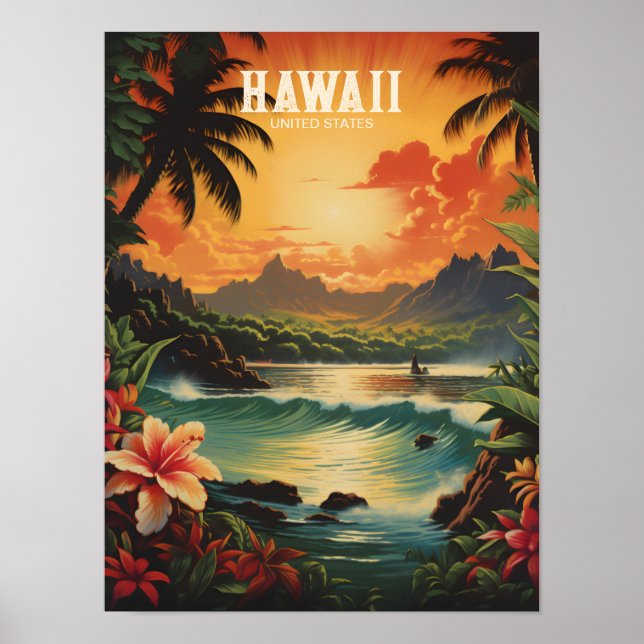 Poster Vintage Art Hawaii Beach Viagem no Havaí (Frente)