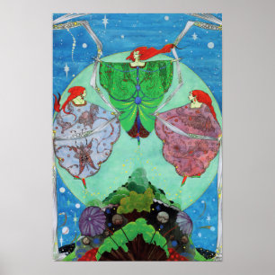 Poster Vintage Art Nouveau Fairies Dançando À Lua