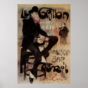 Poster Vintage Art Nouveau Le Grillon, Man Bebendo Beer