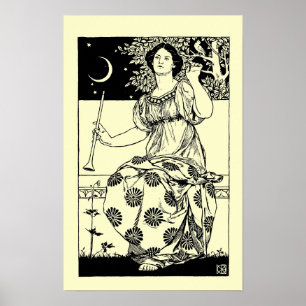 Poster Vintage Art Nouveau Mulher com Clarinet e Lua