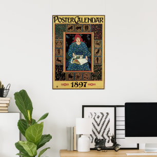 Póster Vintage Art Nouveau, Mulher Lendo Livro de Astrolo