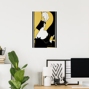 Poster Vintage Art Nouveau, Mulher Lendo um Livro Amarelo