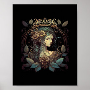 Poster Vintage Art Nouveau Whimsigoth Mulher Em Teal E W