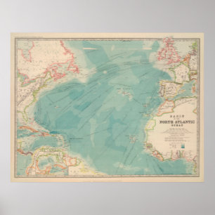 Poster Vintage Atlantic Ocean Viagem Rotas e Linha do Tem