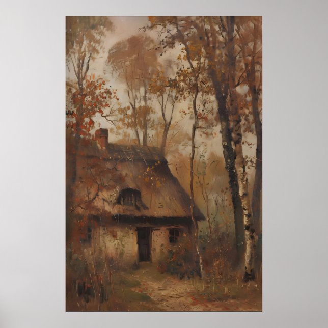 Poster Vintage Autumn Cottage Landscape Printable Art (Frente)