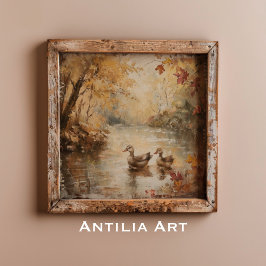 Poster Vintage Autumn Pond Painting Fall Woodland