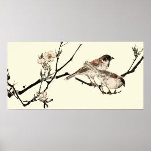 Poster Vintage Aves Japonesas E Blossomas De Cereja
