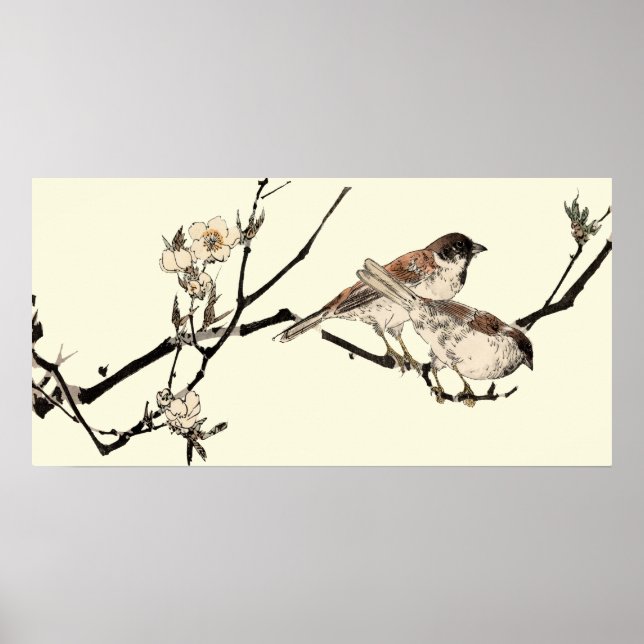 Poster Vintage Aves Japonesas E Blossomas De Cereja (Frente)