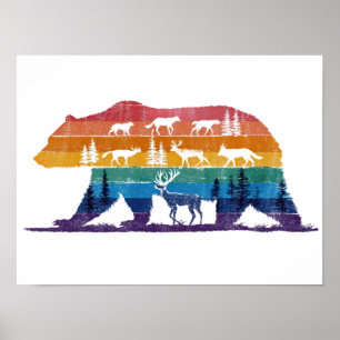 Poster Vintage Bear Vida Selvagem – Silhueta de Floresta