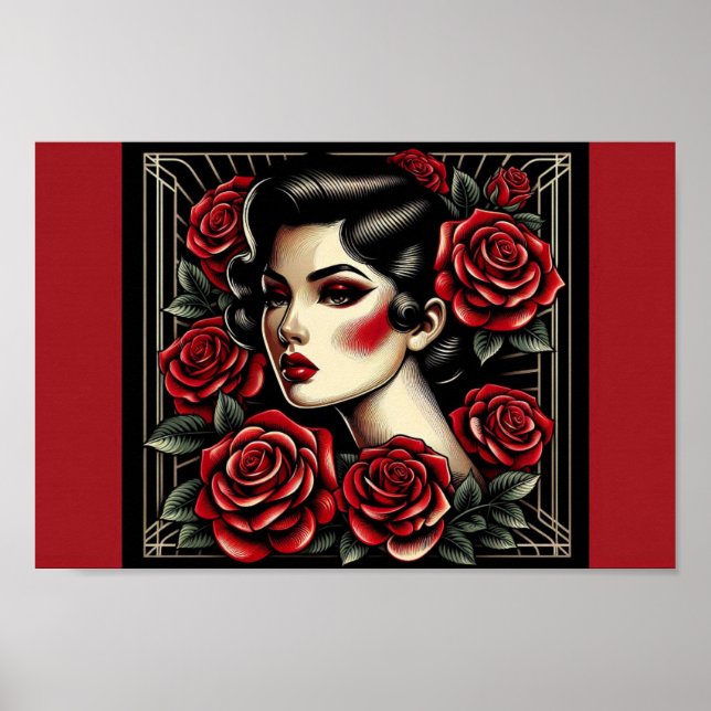 Poster Vintage Beauty: Art Deco Rosa Queen (Frente)