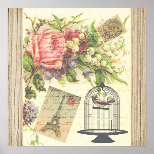 Poster Vintage Bird Floral French Paris Eiffel Tower (Frente)