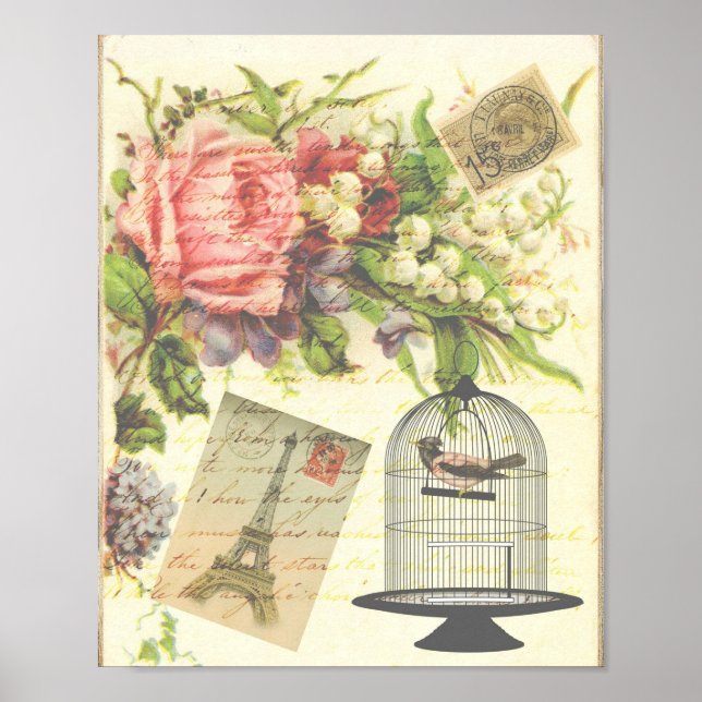 Poster Vintage Bird Floral French Paris Eiffel Tower (Frente)