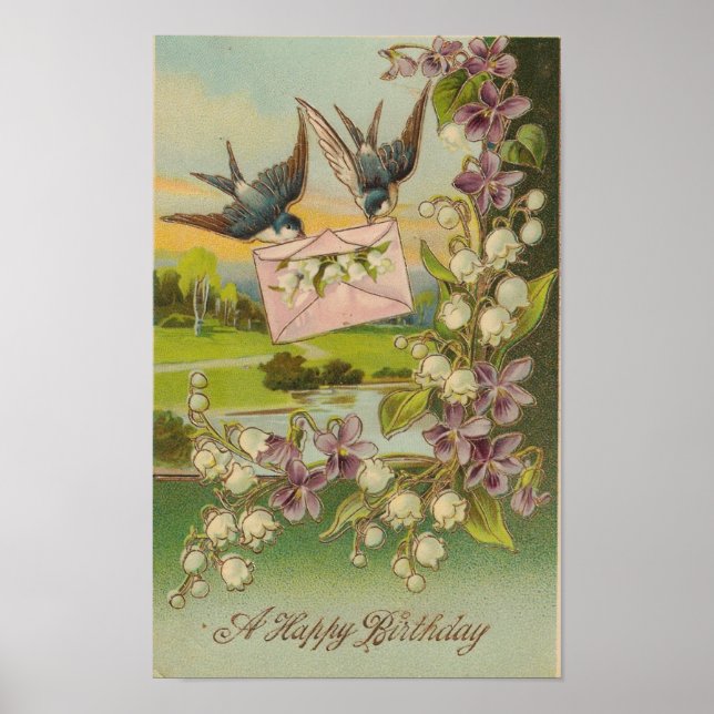 Poster Vintage Birthday Birds Purple Flowers (Frente)