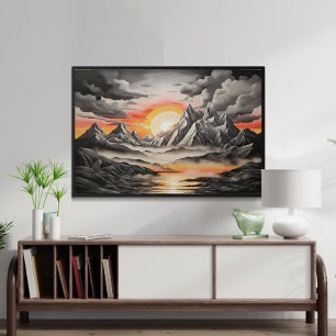 Poster Vintage Black and Cinza Mountain Landscape Artísti
