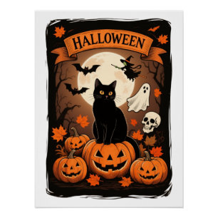 Póster Vintage Black Cat Pumpkin Spooky Festa de Hallowee