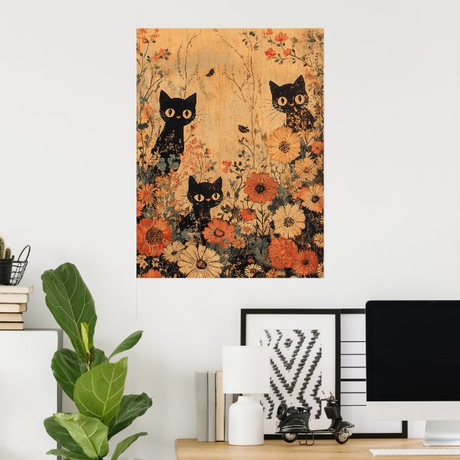 Poster Vintage Black Cat Trio (Escritório em casa)