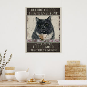 Poster Vintage Black Sarcastic Cat and Coffee