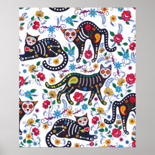 Poster Vintage Black White Cats Halloween Gótica Floral