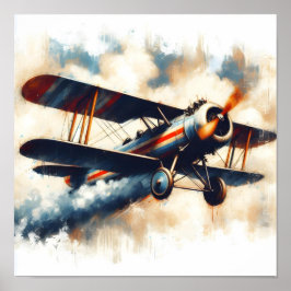Poster Vintage Blue Biplane Oil Painting