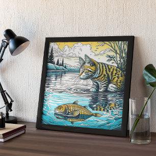 Poster Vintage Blue e Yellow Cat and Fish Games Ai Art