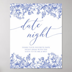 Poster Vintage Blue Floral Bridal Data Ideia Noite Sinal