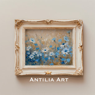 Poster Vintage Blue Wildflower Field Painting Botanic