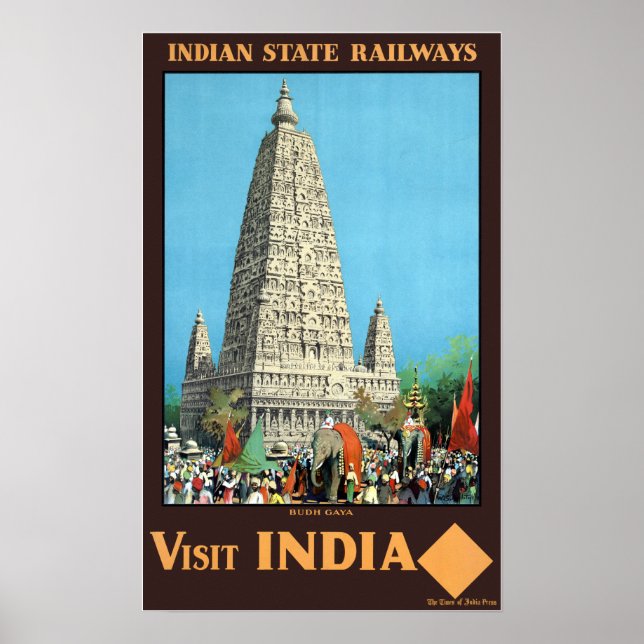 Poster Vintage Bodh Gaya Visita a Índia Viagem (Frente)