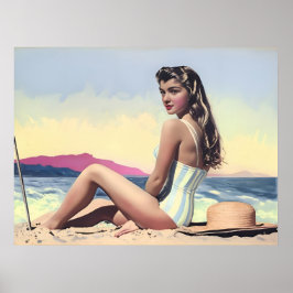 Poster Vintage Bonito Mulher Senta Na Areia Da Praia