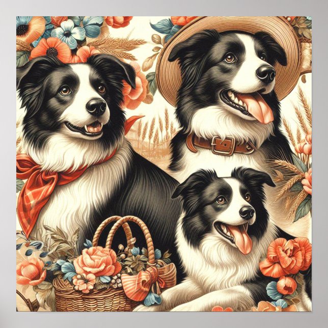 Poster Vintage Border Collie Painting (Frente)