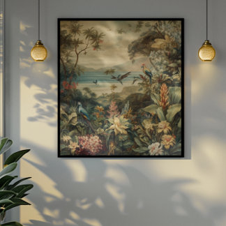 Poster Vintage botânica bird flores no paraíso