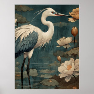 Poster Vintage botânica, grua azul e lótus também