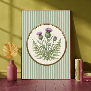 Poster Vintage Botânico Cardo Escocês e Verde Samambaia