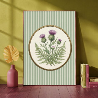Poster Vintage Botânico Cardo Escocês e Verde Samambaia