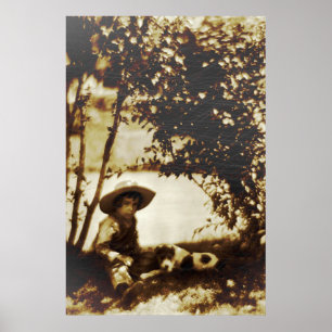 Poster Vintage Boy With Dog at Rest Canvas Print