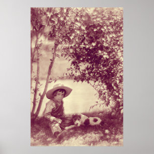 Póster Vintage Boy with Dog at Rest Canvas Print