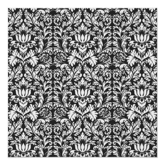 Póster Vintage Brocado de Renda de Damasco Preto e Branco (Frente)
