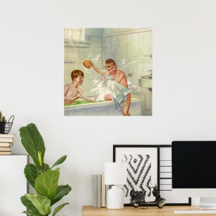 Poster Vintage Brothers, Children, Boys Splashing in Tub,