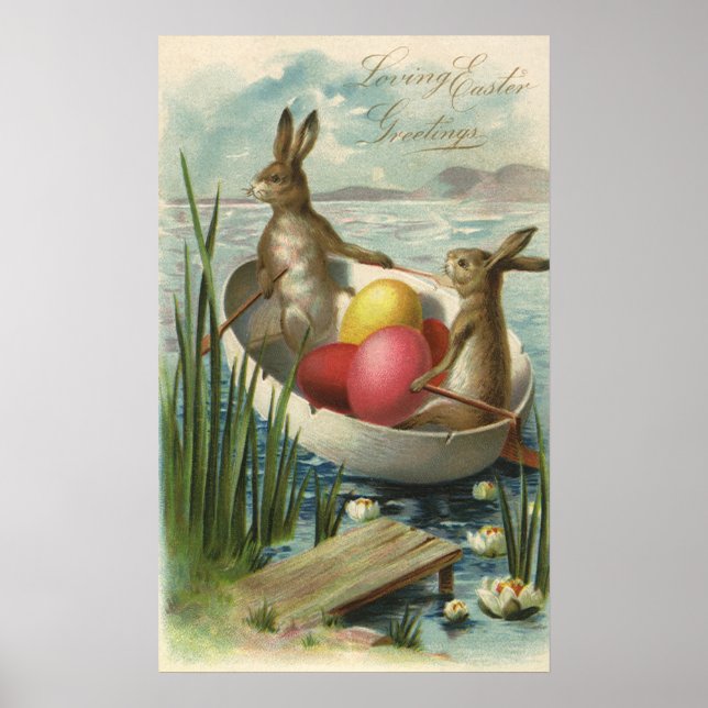Póster "Vintage Bunnies in Boat", "Loving Páscoa Saudaçõe (Frente)